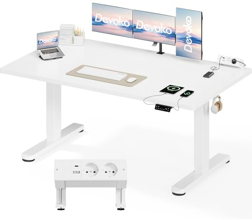 Devoko Höhenverstellbarer Schreibtisch 160x80cm, Dualmotor Elektrischer Stehschreibtisch mit 25mm Einteiliger Tischplatte, Touchscreen Steuerung, Computertisch mit Kabelmanagement & Steckdose