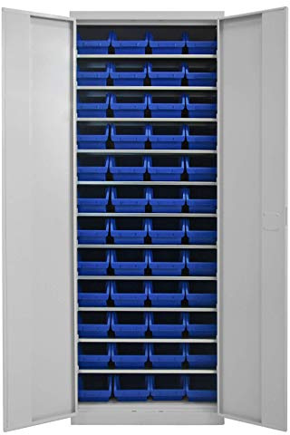 ADB Metall Flügeltürenschrank/Werkzeugschrank/Werkstattschrank/Metallschrank mit 48 Sichtlagerkästen, 710 x 300 x 1950 mm, Lichtgrau (RAL 7035) | Werkzeug- & Werkstattschrank, Lichtgrau RAL 7035, 48 Sichtlagerkästen, Maße 710x300x1950 mm