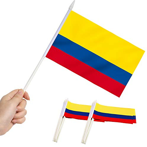 Anley Colombia Miniature Flag - Mini Drapeaux colombiens de 5 x 8 Fade Resistant & Vivid Colors - 5.5x8 inches Handheld Stick Flag with 12 White Solid Pole & Spear Top (1 Dozen)