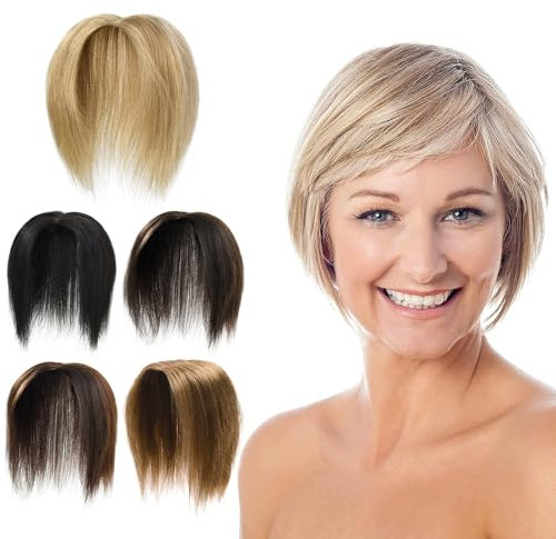 PARXITN Clip in Human Hair Toppers - Toupet per capelli senza cuciture, per donne in pizzo, 35 cm, colore nero naturale