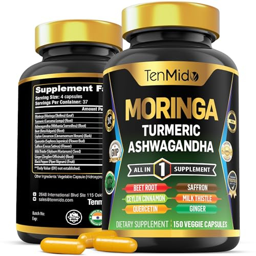 Tenmido Moringa Oleifera Supplement for Men and Women, 10in1 Formula with Turmeric, Ashwagandha, Ceylon Cinnamon, Beet Root, Saffron & More - Energy, Immune Support - Nutrient Rich - 150 Capsules