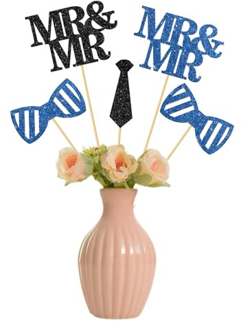 Mr & Mr Centerpiece Sticks - Gay Pride Table Flower Centerpieces - Men Wedding Engagement LGBT Pride Party Table Decorations - Glitter Black Blue 12 PCS