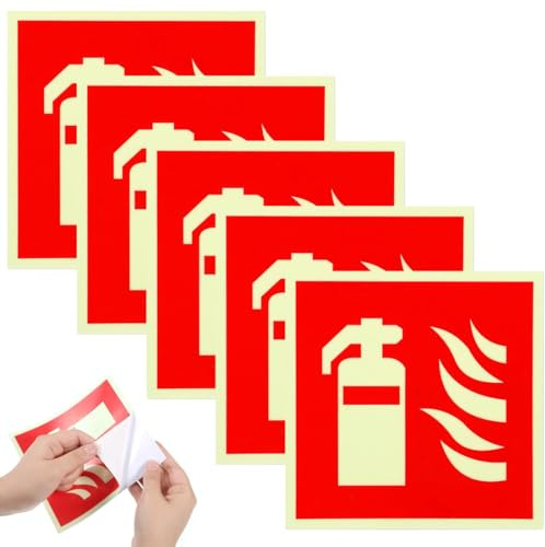 XPEX 5 Stück Selbstklebend Feuerlöscher Schild, PVC Nachleuchtend Feuerlöscher Aufkleber, 15 x 15cm, Piktogramm für Haus, Büro, Krankenhaus