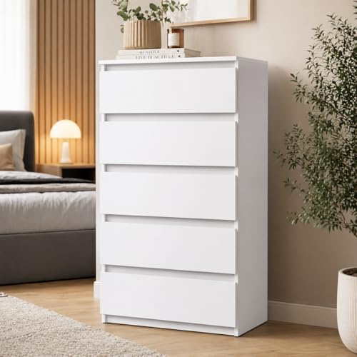 MRBLS_HOME Kommode mit 5 Schubladen - Holz Sideboard 70x115x33,5 cm (B/H/T) - Schmale Kommode für Schlafzimmer & Flur - Regal mit Schubladen - Schrank mit Schubladen - Modernes Möbelstück (Weiß Matt)