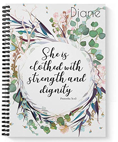 Clothed With Strength Personalized Religious Notebook/Journal, Laminated Soft Cover, 120 pages of your selected paper, lay flat wire-o spiral. Size: 8.5” x 11”. Made in the USA