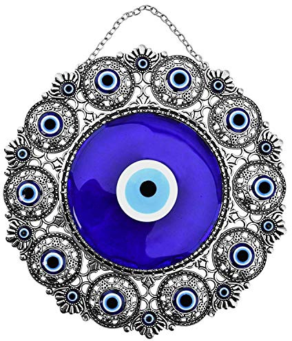 Erbulus Blue Turkish Glass Evil Eye Wall Hanging Ornament - Large Metal Home Decor - Nazar Bead Amulet - Housewarming Gift