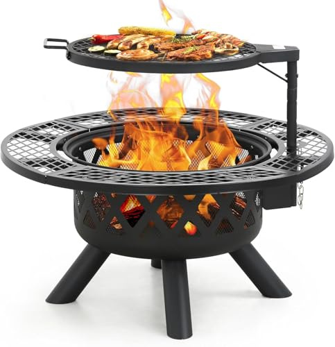 BALI OUTDOORS Chimenea de leña, chimenea para exteriores con parrilla de cocina, color negro