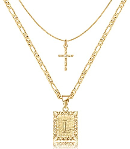 KELORIS PATH Collar de cruz con inicial en capas de oro, chapado en oro de 14 quilates, colgante de letra cuadrada, cadena Figaro, gargantilla de cruz de la A a la Z, joyería capital para mujeres y