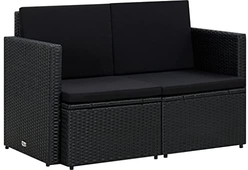 vidaXL Gartensofa 2-Sitzer mit Auflagen Lounge Gartenbank Sofa Bank Gartenmöbel Rattansofa Loungesofa Terrasse Garten Schwarz Poly Rattan
