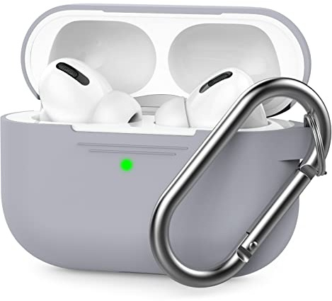 AHASTYLE Custodia protettiva per AirPods Pro, con LED frontale visibile, compatibile con Apple AirPods Pro 2019 (con moschettone, grigio chiaro)