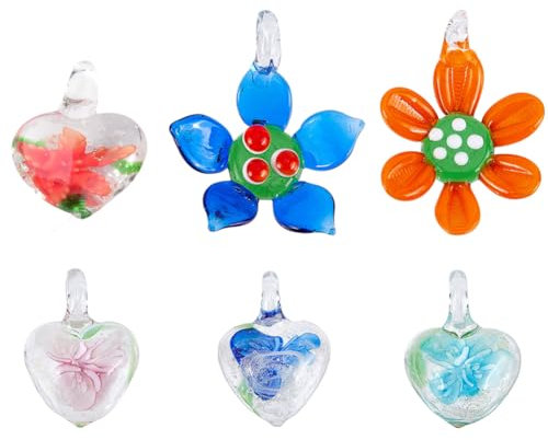 SUNNYCLUE 1 Box 6Pcs 6 Style Handmade Lampwork Pendants Glass Heart Flower Charms Lampwork Beads Large Spring Love Charm for Jewellery Making Charms Women Adults DIY Craft Bracelet Necklace Supplies