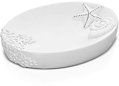 Porta Sapone Bianco da appoggio, piattino Multiuso in Resina con Intagli a Decoro Marino, Linea Coral