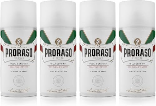 Proraso Rasierschaum für empfindliche Haut, 4 x 300 ml, Rasierschaum gegen Reizungen mit Hafer- und Grüntee-Extrakten, hergestellt in Italien