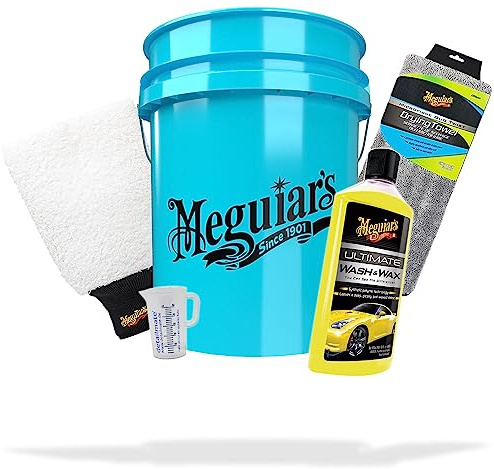 Auto Reiniger und Lackpflege Set | Meguiar's Grit Guard Eimer - Ultimate Wash & Wax - Super Thick Microfiber Wash Mitt - Duo Twist Drying Towel | optimale Reinigung und Glanz - Autoshampoo mit Wachs