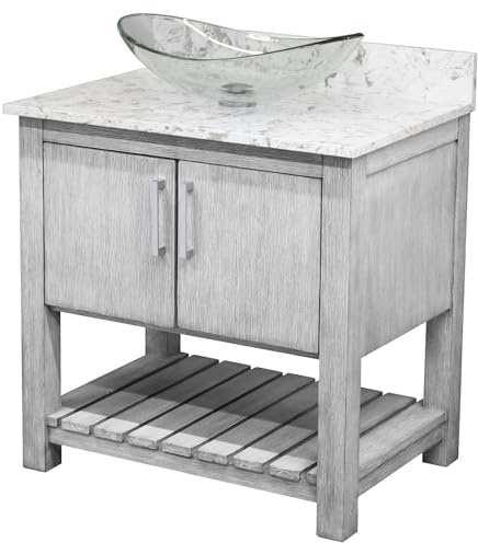 Miseno MV-30SG-NOBV-6001-324C 30 Free Standing Single Basin Vanity Set with Cabinet, Oval Glass Vessel Sink and Quartz Vanity Top - Stonewash Grey/Cafe Mocha Top/Brushed Nickel Hardware