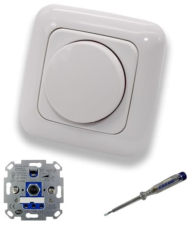 REV Ritter LED Drehdimmer LED Dimmer mit Busch Jäger Dimmerscheibe Zentralplatte 2115-214 Einfachrahmen in Reflex Si alpinweiß glänzend inklusive EBROM Phasenprüfer zur Montage des Dimmers ET1 66012B