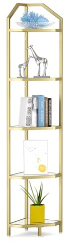 Fun Memories 5-Tier Corner Shelf, Gold Corner Bookshelf, 31 x 31 x 175 cm, Bathroom Rack, Plant Rack, Tempered Glass, Steel Frame, Modern Style for Living Room, Bathroom, Kitchen, Metallic Gold