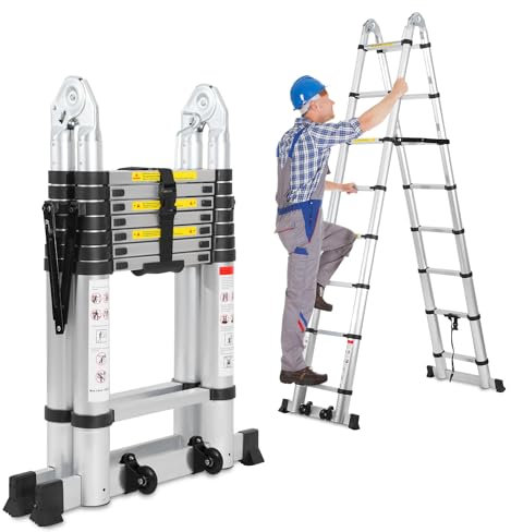 Jiubiaz Scala telescopica 5 m (2,5 m + 2,5 m), scala in alluminio allungabile con ruote e stabilizzatori rimovibili, telaio ad A, scala multiuso, carico massimo 150 kg (argento)
