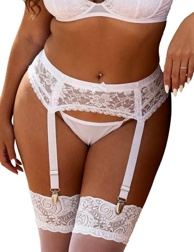 comeondear Women's Lace Suspenders Belt for Stockings 4 Straps Lingerie Set | Sturdy Fish Mouth Metal Clips, XS-4XL Plus Size Friendly, Adjustable Waist, Stretchy Garter Belt for Bride, with G-string
