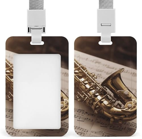 Ausweishalter für Männer und Frauen, niedlicher Ausweishalter, Saxophon auf Notenblatt, Arbeit, Namensschild, Abzeichen mit abnehmbarem Umhängeband, vertikaler Ausweishülle für Büros,