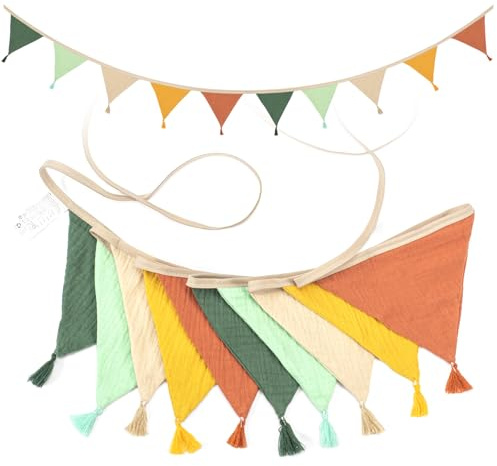 Wimpelkette Kinderzimmer,Musselin Baumwolle Stoff Wimpelkette,Girlande Kinderzimmer Deko zum Aufhängen, Hausbett Deko Mädchen & Jungen,Wanddeko Geschenk,Babyzimmer Dekoration (Fringe Green)