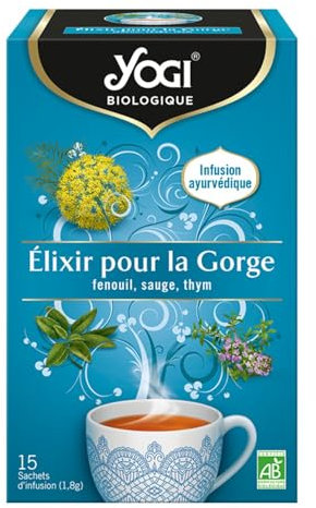 Yogi Biologique Elixir pour la Gorge, Infusion 100% Bio Fenouil, Sauge et Thym, 15 Sachets thermosoudés et sans agrafe, 21.6 g, 311316