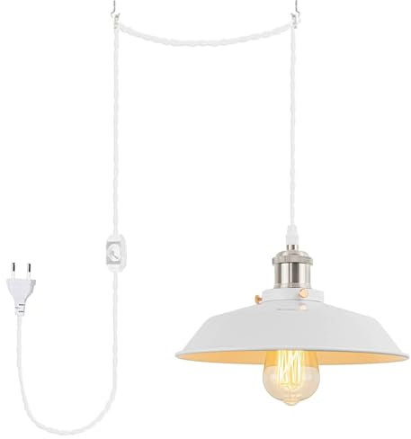 FSLiving Pendelleuchte mit Eisenschirm, steckerfertiger Kronleuchter mit 4 m CE-geschaltetem Dimmer-Steckerkabel, Nickel glänzend Sockel und Weiß, 26cm im Durchmesser