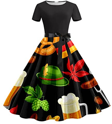 Frauen Sommer Casual Rundhals Kurzarm Kleid Abnehmbarer Gürtel Oktoberfest Print Casual Kleid Enges Kleid Damen Dirndl Set Damen Komplett Schwarz Oktoberfest Kleid Damen Kleidung Damen