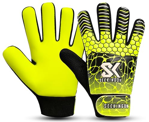 seekingon Soccer Goalie Gloves Youth, Football Goalkeeper Gloves for Kids Boys Youth Children Double Wrist Protection Along 4mm Super Grip Palm (Yellow/Black, Size 5 Suitable for 9-12 Years)