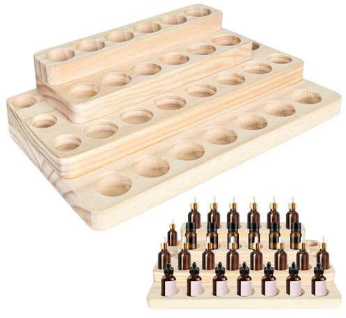 Dokeno Ätherisches Öl Display Ständer, Holz 4-Lagen Ätherische Öle Aufbewahrung 31 Löcher Ätherisches Öl Regal, Aufbewahrungsbox Organisator für Nagellack, Duftöle, Parfüms, Kosmetik, 31 x 18 x 7.5 cm