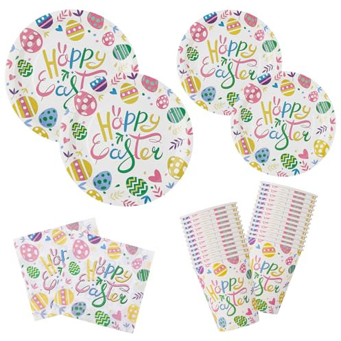 Arosche Easter Party Decorations Set for 24-Disposable Paper Plates and Napkins, Cups Tableware Happy Easter Eggs Bunny Party Supplies Decorations for Easter Party Supplies Table Decor