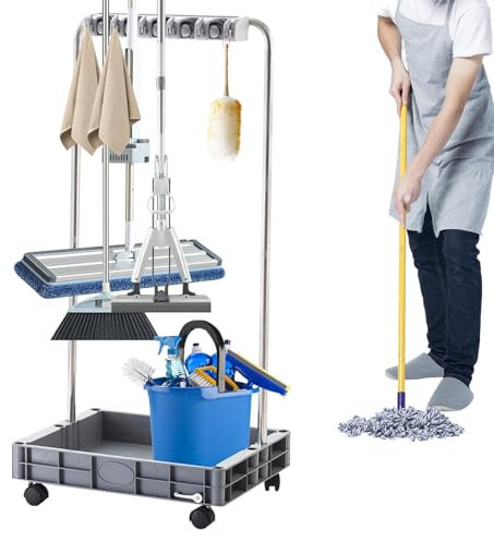 Porta scopa, carrello di pulizia per la casa – carrello di pulizia con grande capacità, organizer per scope, attrezzi per stazioni domestiche per ospedali, fabbriche, alberghi, immobilienu