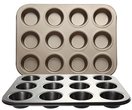 TTSTOIEE Stampo per Muffins in Acciaio al Carbonio, Set da 2 Stampi (12 Forme x 2 = 24 Muffin) - Antiaderente & da Forno - Teglia per Cupcake, Muffin e Torte - Non Brucia, 35x26 cm
