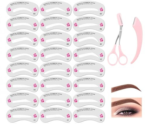 ZWWOGE 24 Sets Eyebrow Stamp, Eyebrow Shaping Kit, Eyebrow Powder, Reusable Eyebrow Stencils with 2 Piece Eyebrow Set, Waterproof Eyebrow