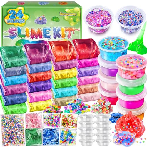 24 Farben DIY Schleim Kit, Slime Making Kit für Mädchen, Clear Slime | mit Add-Ins Schaumstoffkugeln, Charms, Glitter, Geschenk-Spielzeug für Kinder