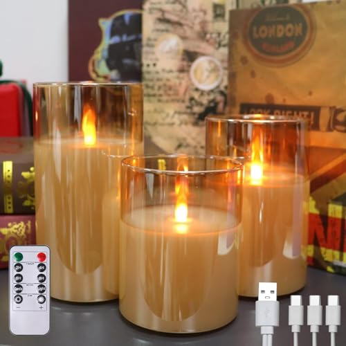Golden Glas Flammenlose Kerzen, LED Aufladbare Kerzen, Real Wax LED Candles | Mit Fernbedienung und Timer LED Kerzen, USB-C Wiederaufladbare Flammenlose Kerzen, 3er-Set LED Stumpenkerzen