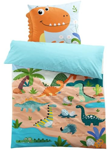 MUSOLEI Bettbezug Dinosaurier, 140 x 200 cm, für Kinder, Jungen, Bettwäsche für Einzelbett, aus Mikrofaser, mit 3D-Reißverschluss, bedruckt, Geschenk, Party, Geburtstag, mit Kissenbezug (65 x 65 cm
