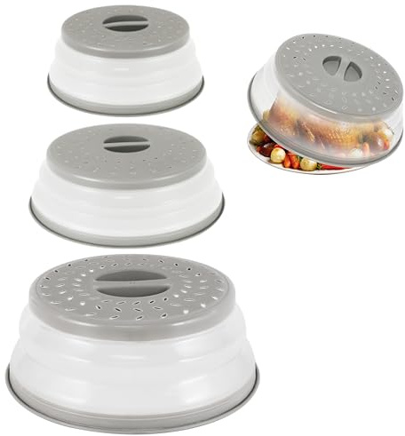 3 Pack Collapsible Microwave Food Covers, Splatter Guard,Vented Microwave Lid for Food, BPA free TPR, Dishwasher safe,Gray，Large, Medium, Small
