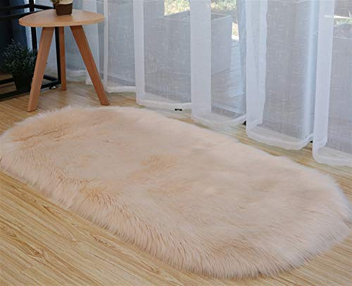 Alfombra ovalada moderna de pelo largo de lana sintética suave y esponjosa, lavable, redonda, beige, 60 x 120 cm
