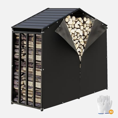 UDPATIO Metall vedhylla antracit 185 x 105 x 190 cm/3,2 m³ med metalltak – väderbeständig, med UV-resistent presenning, stapelstöd vedförvaring trälager för trädgård terrass