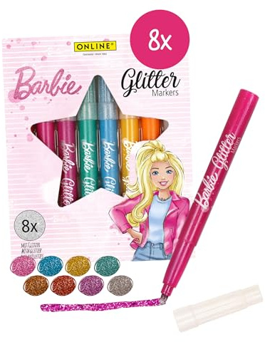 ONLINE Barbie Glitzerstifte, 8x I Glitzer Textmarker Stifte mit hoher Deckkraft & extra vielen Glitzerpartikeln I Auswaschbare Glitzerstifte Mädchen I Zum Basteln & Malen
