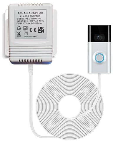 Doorbell Transformer, 3m/118in White C Wire Power Adapter, 24V 500MA AC Power Supply Adapter Transformer Compatible with Ring Door Bell Video Doorbell 2 Pro