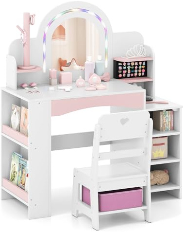 COSTWAY Toeletta Trucco per Bambina con Sgabello, Postazione Trucco con Luci, Scaffali a Vista, Prtagioielli, Libreria a 2 Ripiani e Contenitore in Tessuto, Ideale per Bambina 3+ Anni (Bianco)