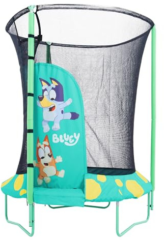 Bluey Trampolín de 4 pies con recinto, Cama elástica de jardín al Aire Libre para niños, sin Cremallera, Puerta Acolchada, Red Acolchada, Marco de Baja Altura, Juego Activo para Mayores de 3 años