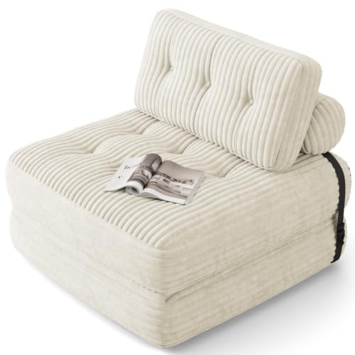 Xbro Fällbar bäddsoffa med lutande rygg, 2-i-1 hopfällbar fåtölj för små utrymmen, manchestyg med skumfyllning, 170 x 85 cm utfälld (vit)