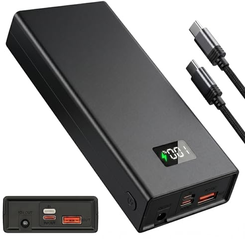 Power Bank 10000mAh con Uscita DC 12V 3A, Batteria Esterna Ricarica Rapida PD QC 74W, USB-C e USB-A, Display LED Digitale, for Notebook, MacBook, Router WiFi, Smartphone, Tablet, Giacca Riscaldata