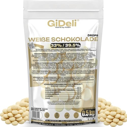 GiDeli Weiße Schokolade Drops 500g - Kuvertüre mit Kakaobutter & 33% Kakao - Backschokolade zum Schmelzen - Einfache Dosierung - Ideal für Pralinen, Ganache & Schokoladenfondue