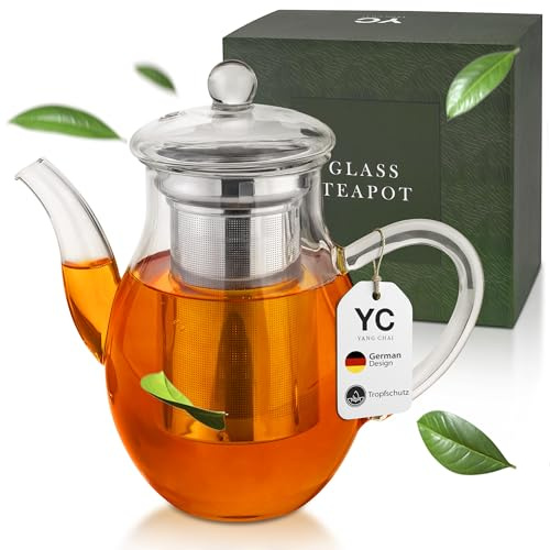 YC Yang Chai Teekanne aus Glas 850 ml - Glasteekanne mit Edelstahl-Sieb und Glas-Deckel - Teebereiter für Losen Tee - Hitzefest und Mikrowellenbeständig