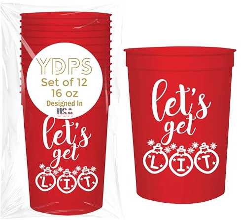 Christmas Cups – Let's Get Lit - Set of 12 Reusable 16oz Stadium Plastic Cups Bulk– Christmas Decorations and Party Favors for Adults - Funny Cup for Adult Friendmas Party Decorations