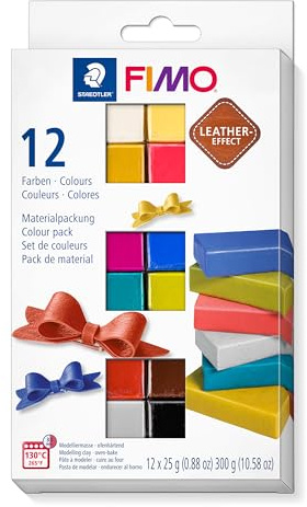 STAEDTLER 8013 C12-2 FIMO Leather-Effect ofenhärtende Modelliermasse (für kreative Objekte im Leder-Look, lederähnliche Optik und Haptik, Set mit 12 Farben)